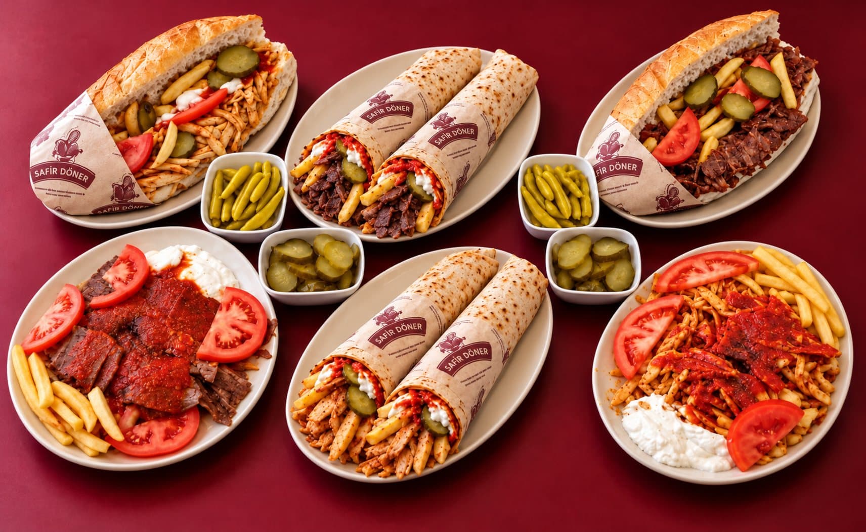 Safir Döner dürümleri, ekmek arası dönerler, iskender ve turşular bordo bir masada