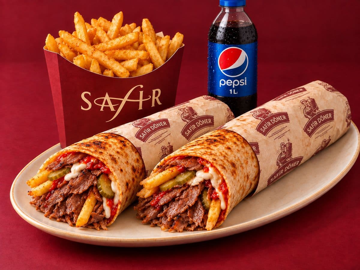 Safir Döner et döner dürüm menüsü: iki dürüm, patates kızartması ve Pepsi