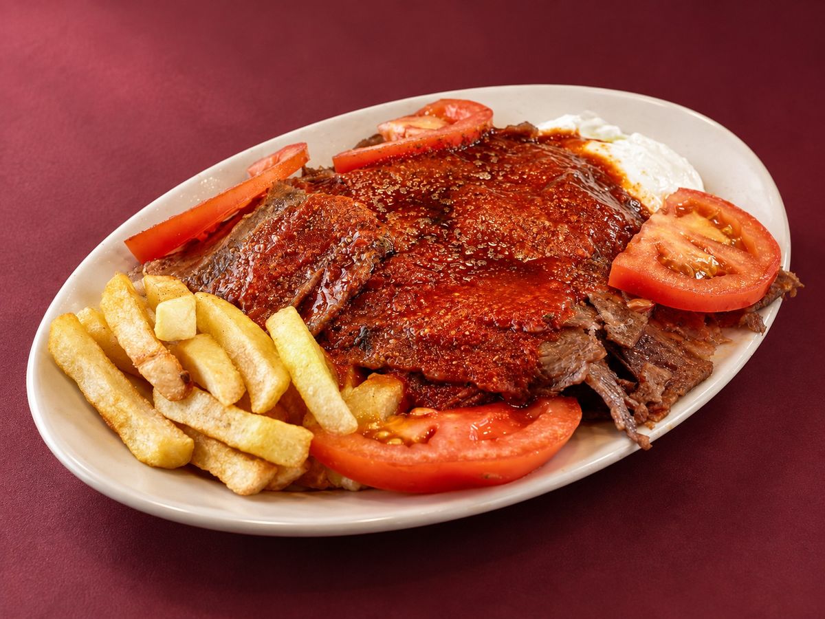 Et dönerden iskender, domates ve patates kızartması
