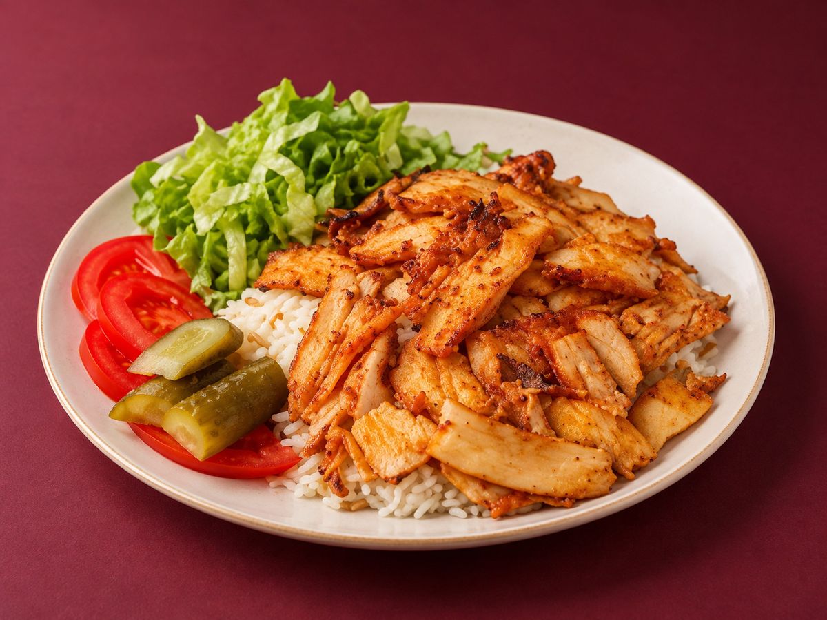 Pilav üstü tavuk döner, domates ve turşu